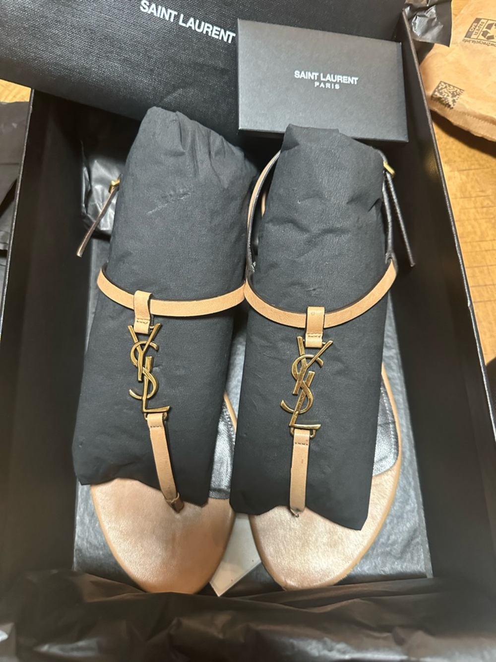 Saint Laurent Cassandra Tan Leather YSL Logo T-Strap Sandals ( EU 39)